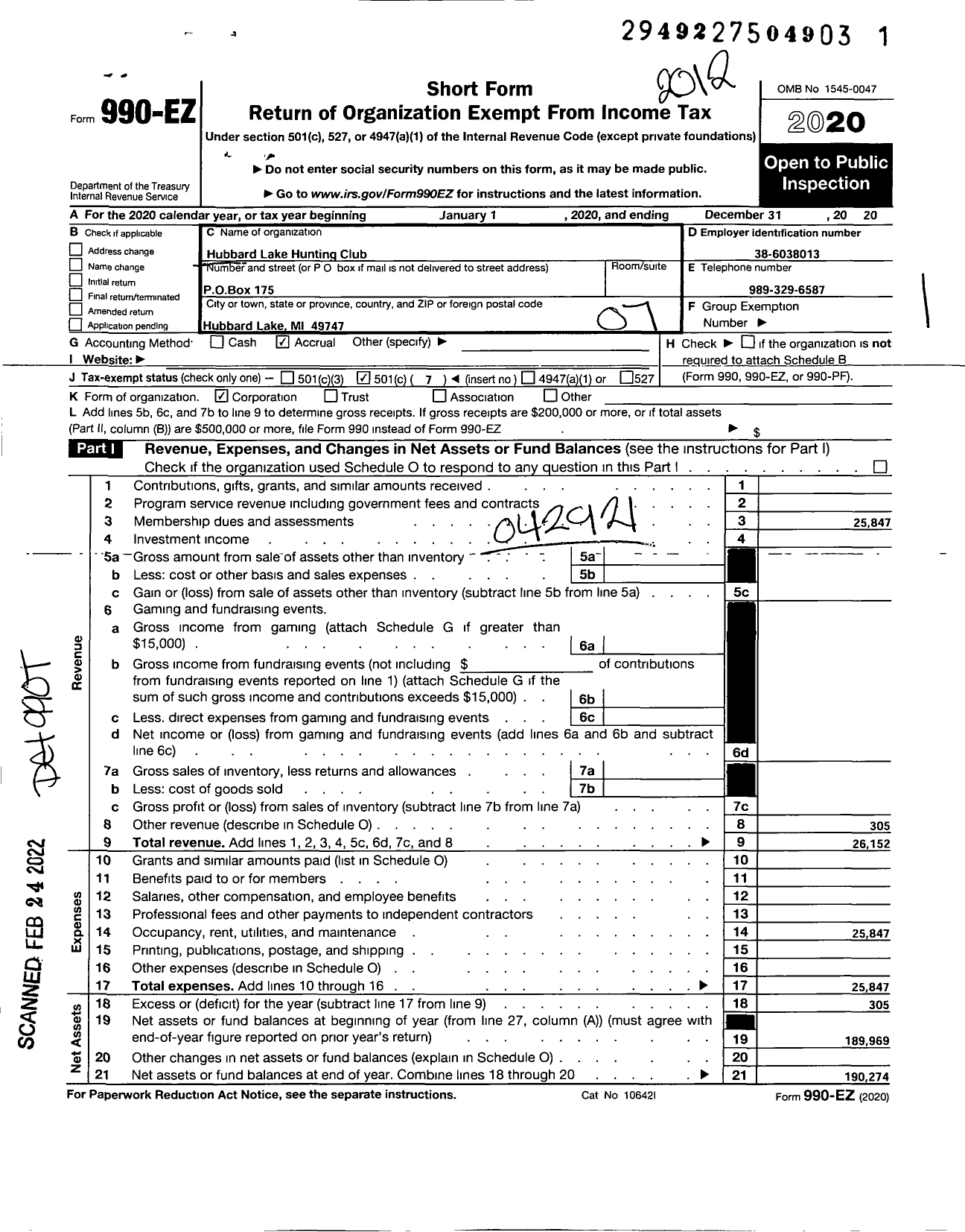 Image of first page of 2020 Form 990EO for Hubbard Lake Hunting Club