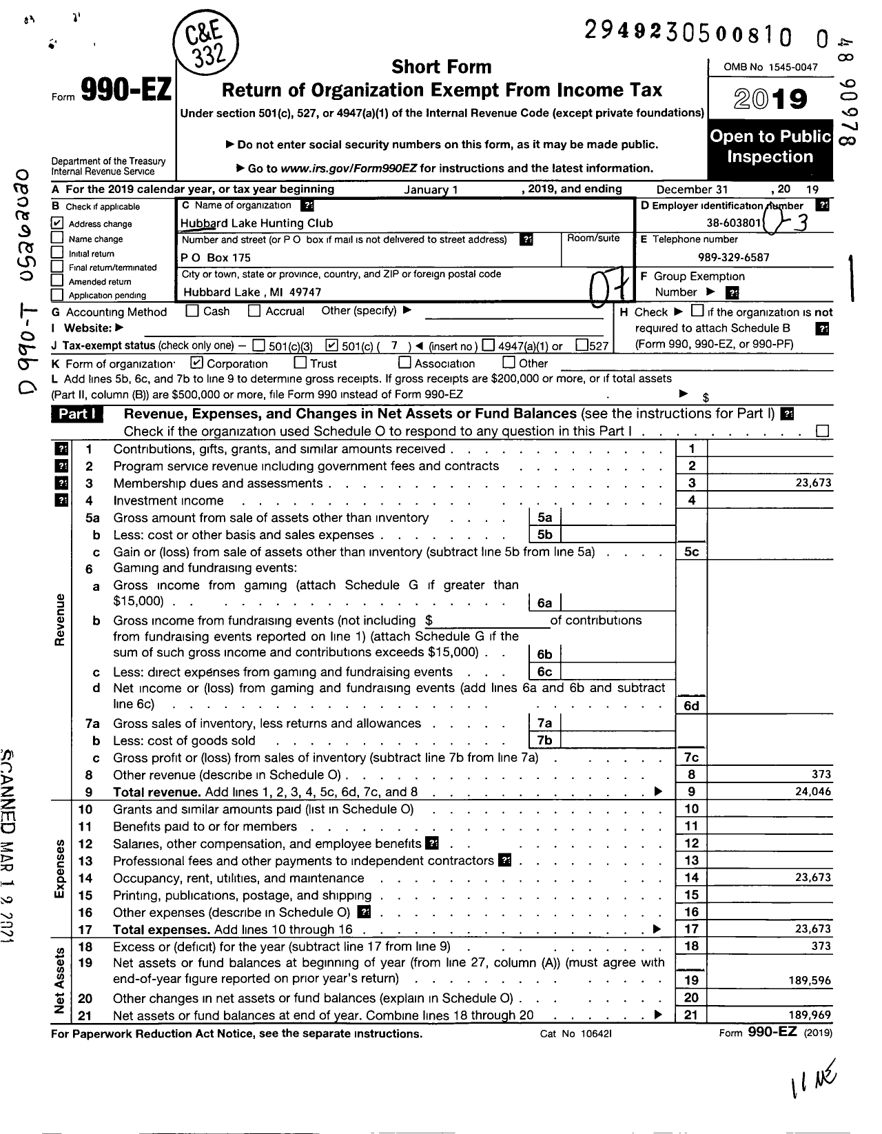 Image of first page of 2019 Form 990EO for Hubbard Lake Hunting Club