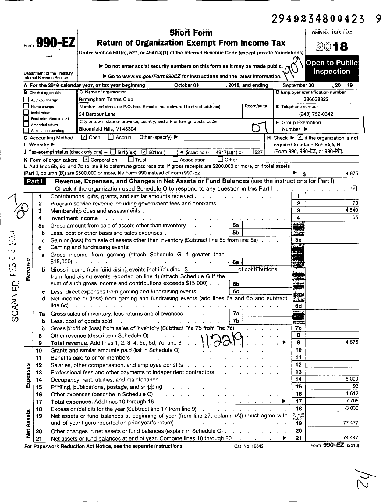 Image of first page of 2018 Form 990EO for Birmingham Tennis Club