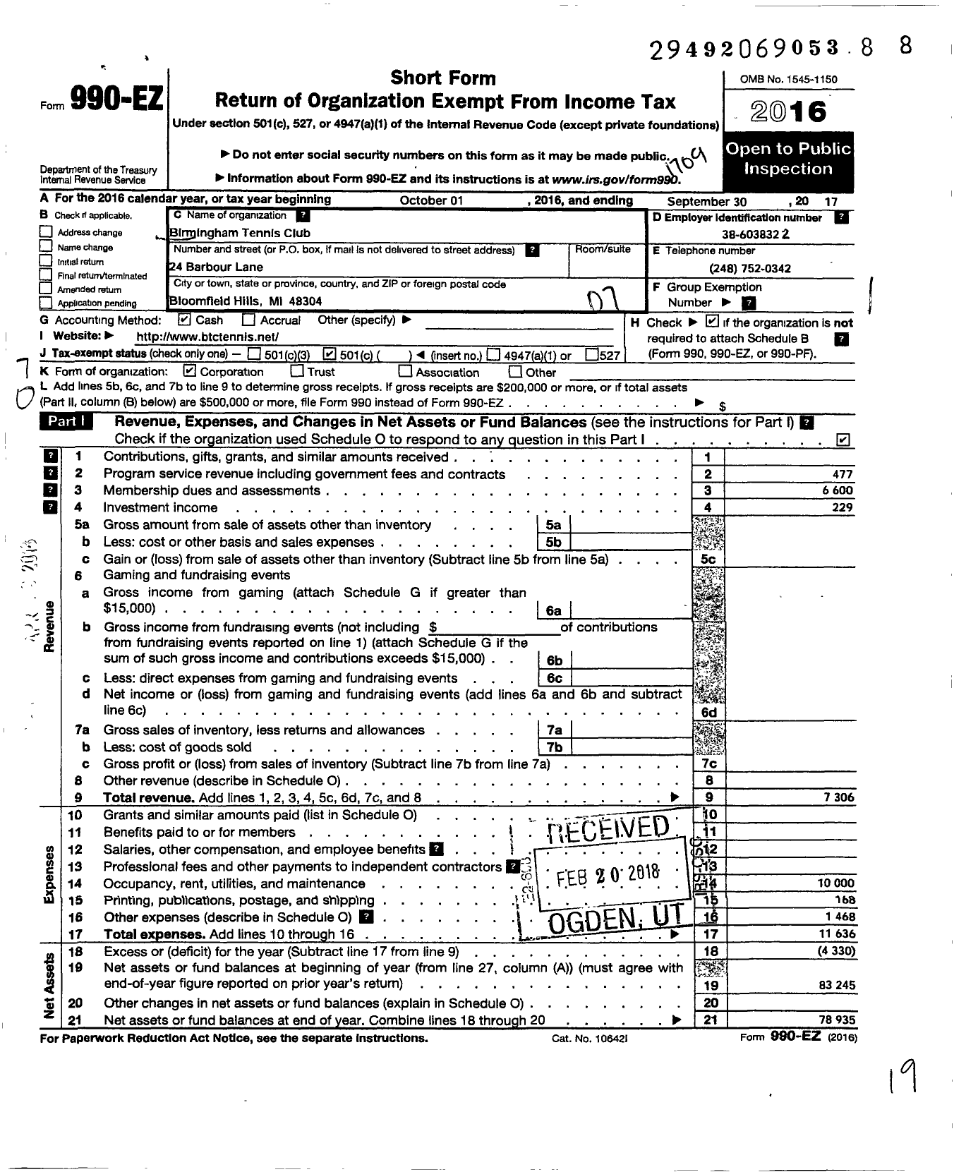 Image of first page of 2016 Form 990EO for Birmingham Tennis Club