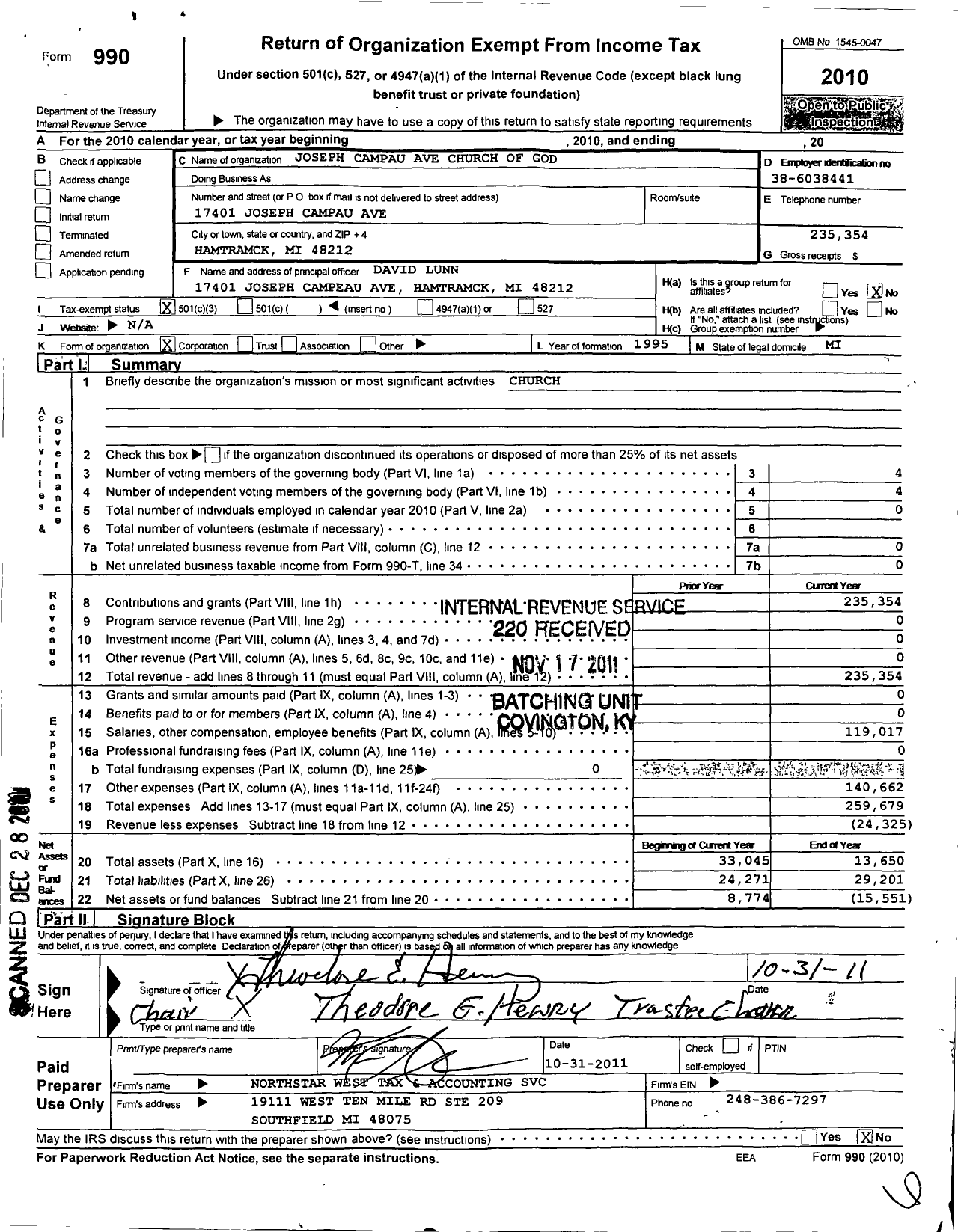 Image of first page of 2010 Form 990 for Joseph Campau Ave Church of God