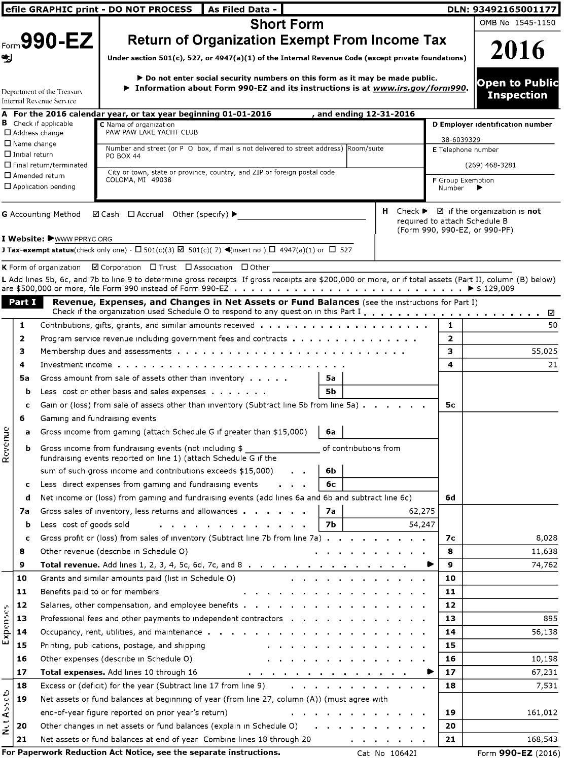 Image of first page of 2016 Form 990EO for Paw Paw Lake Yacht Club