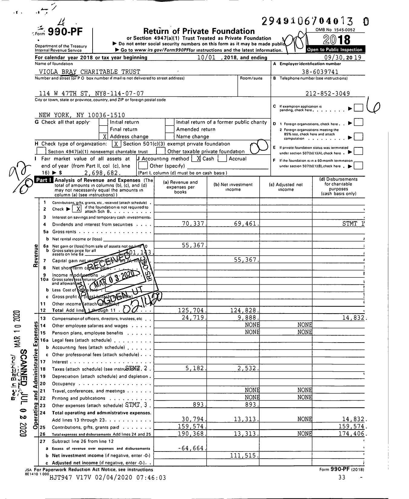 Image of first page of 2018 Form 990PR for Bray Charitable TR Cash Acct