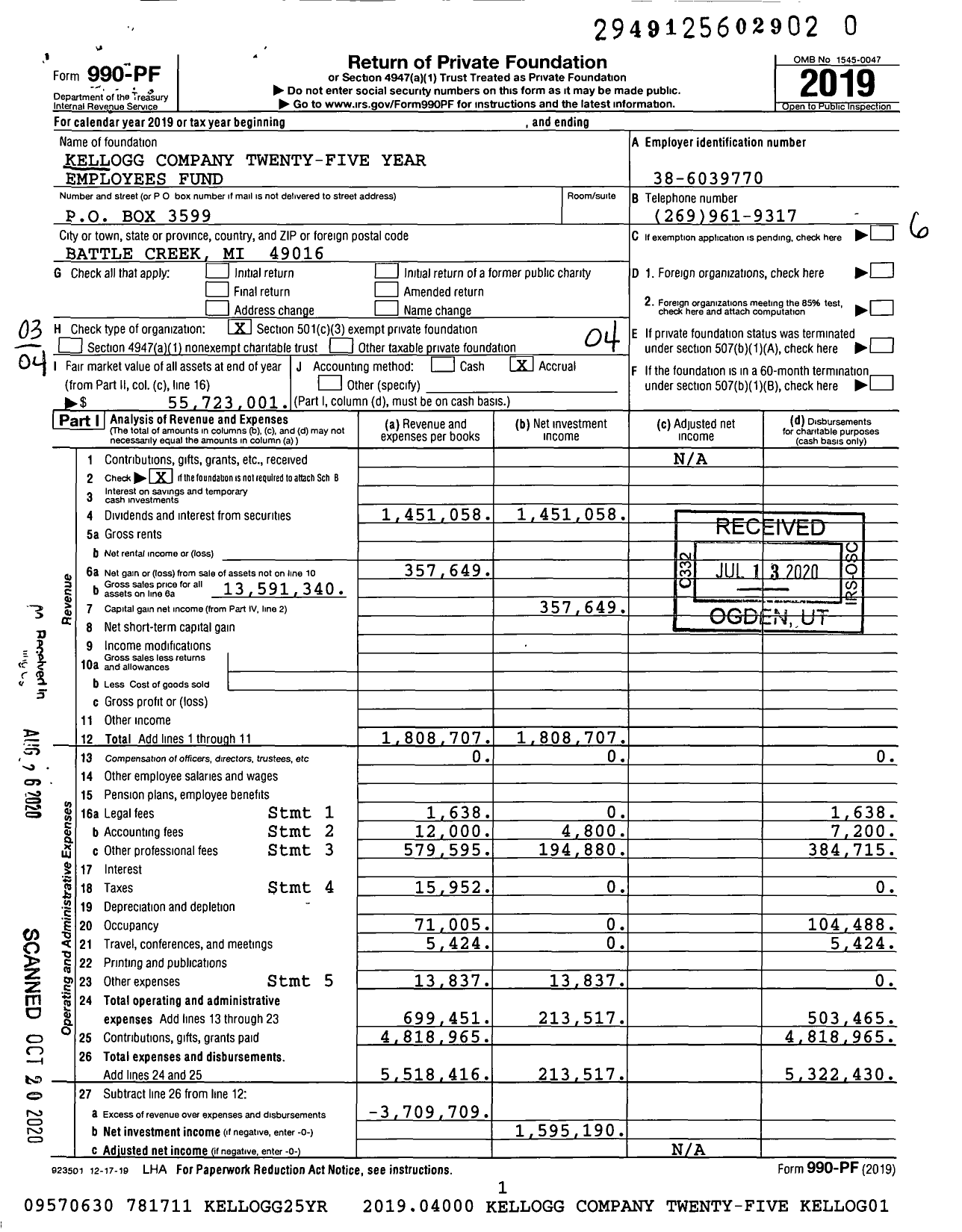 Image of first page of 2019 Form 990PR for Kellogg Company Twenty-Five Year Employees Fund