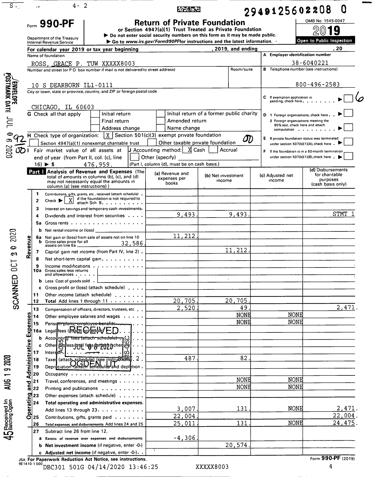 Image of first page of 2019 Form 990PR for Ross Grace P Tuw XXXXX8003