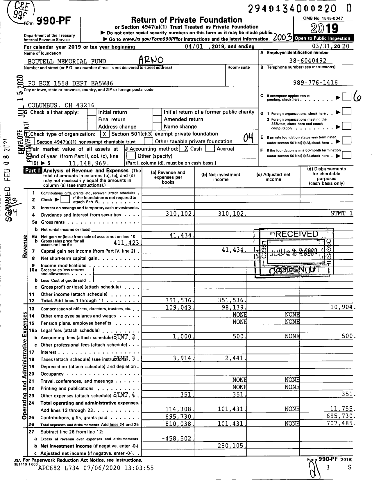 Image of first page of 2019 Form 990PF for Boutell Memorial Fund