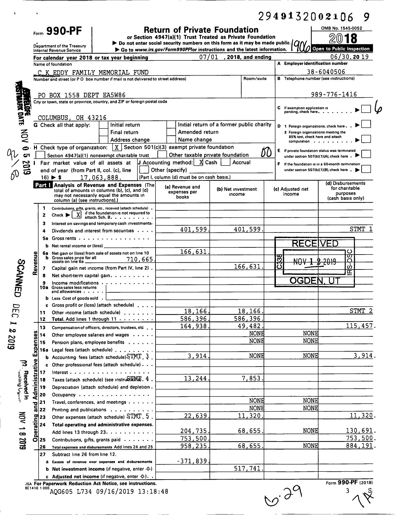 Image of first page of 2018 Form 990PF for C K Eddy Family Memorial Fund