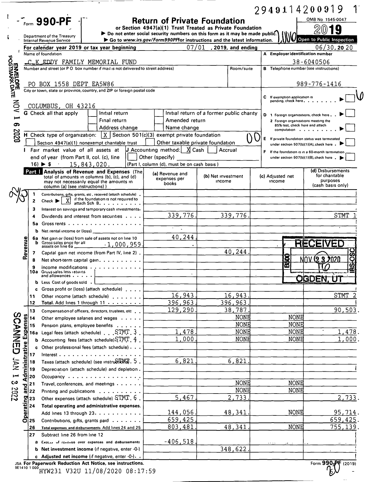 Image of first page of 2019 Form 990PF for C K Eddy Family Memorial Fund