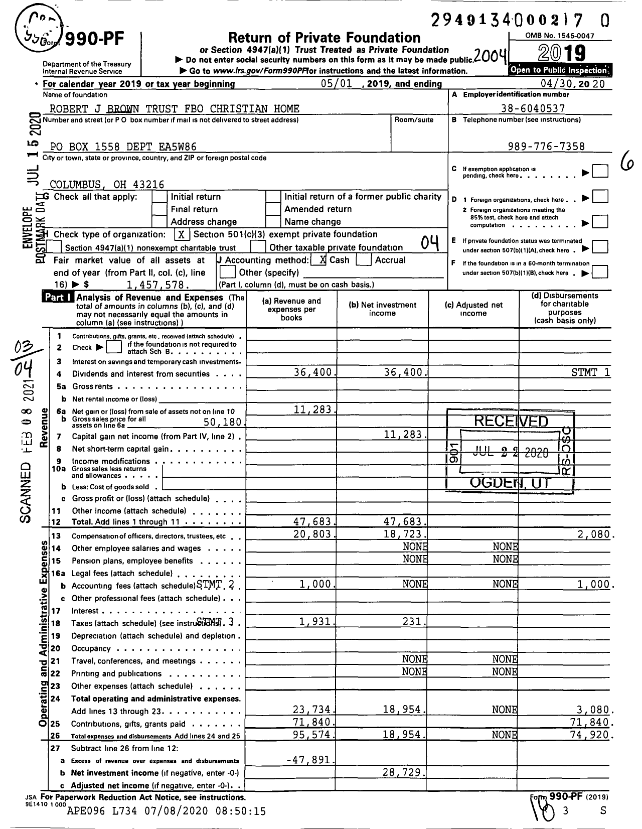 Image of first page of 2019 Form 990PF for Robert J Brown Trust Fbo Christian Home