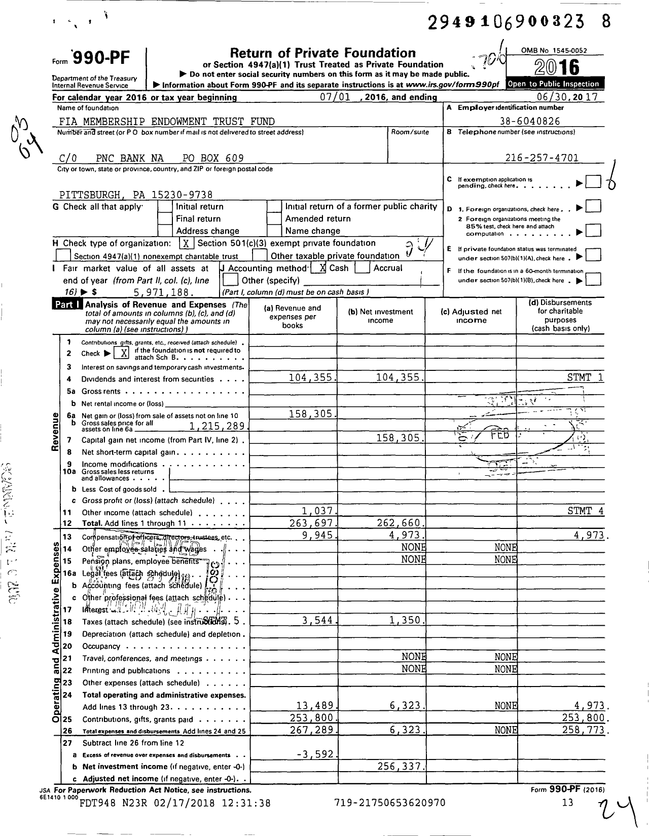 Image of first page of 2016 Form 990PF for Fia Membership Endowment Trust Fund