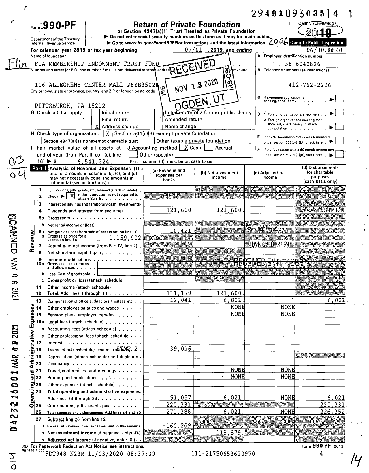 Image of first page of 2019 Form 990PF for Fia Membership Endowment Trust Fund