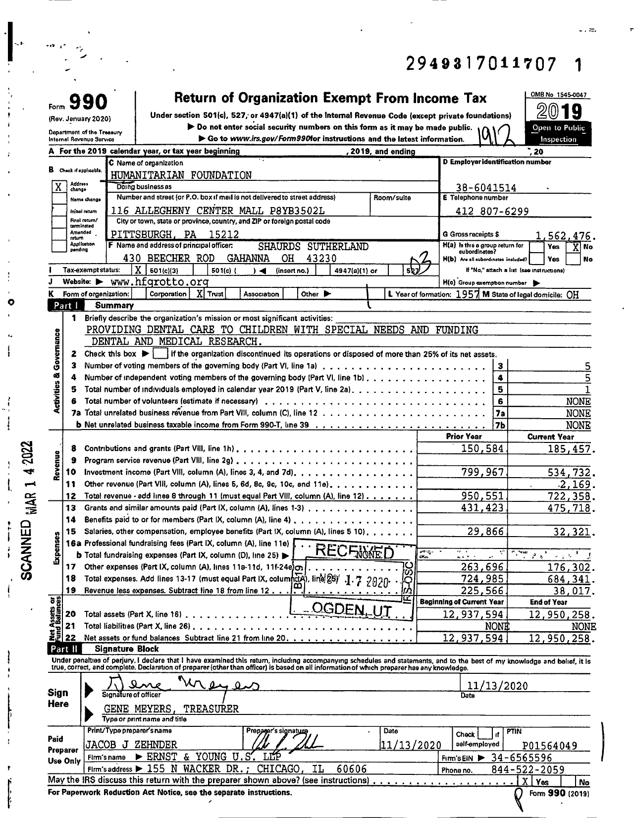 Image of first page of 2019 Form 990 for Humanitarian Foundation