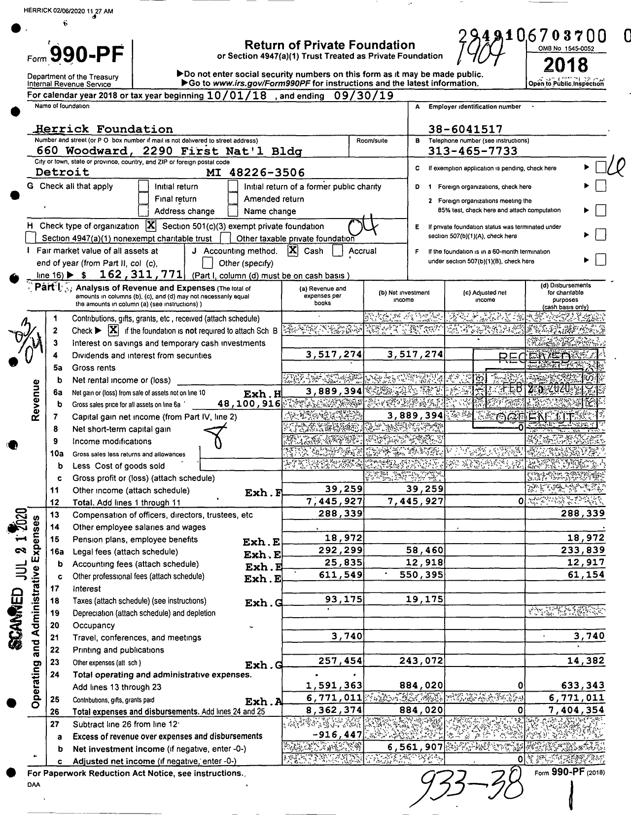 Image of first page of 2018 Form 990PR for Herrick Foundation