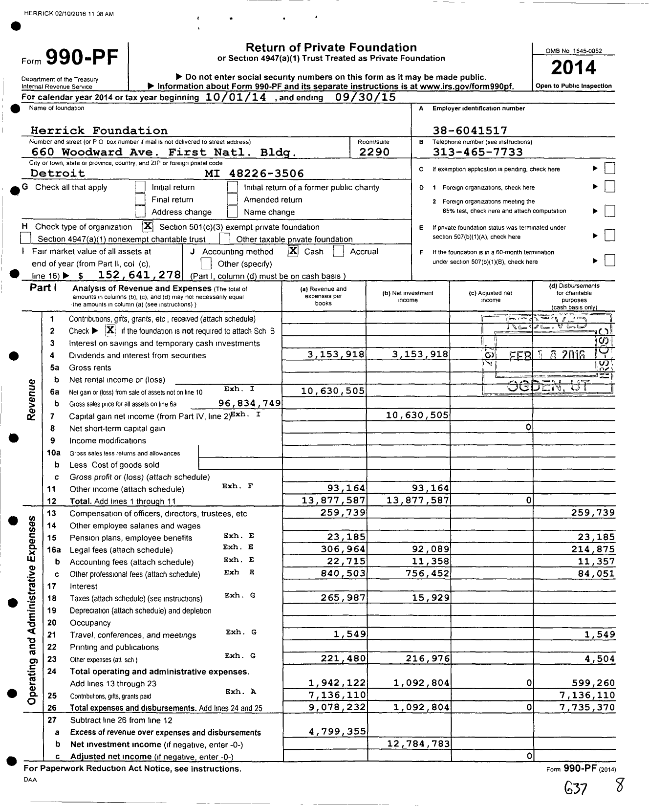 Image of first page of 2014 Form 990PF for Herrick Foundation