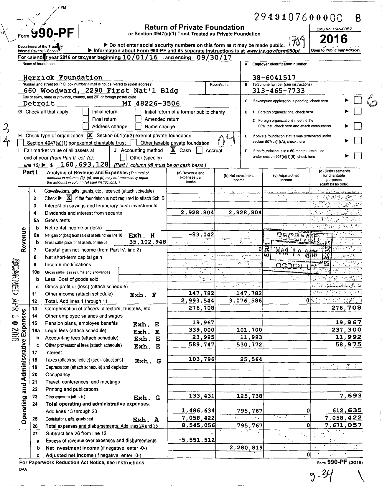 Image of first page of 2016 Form 990PF for Herrick Foundation