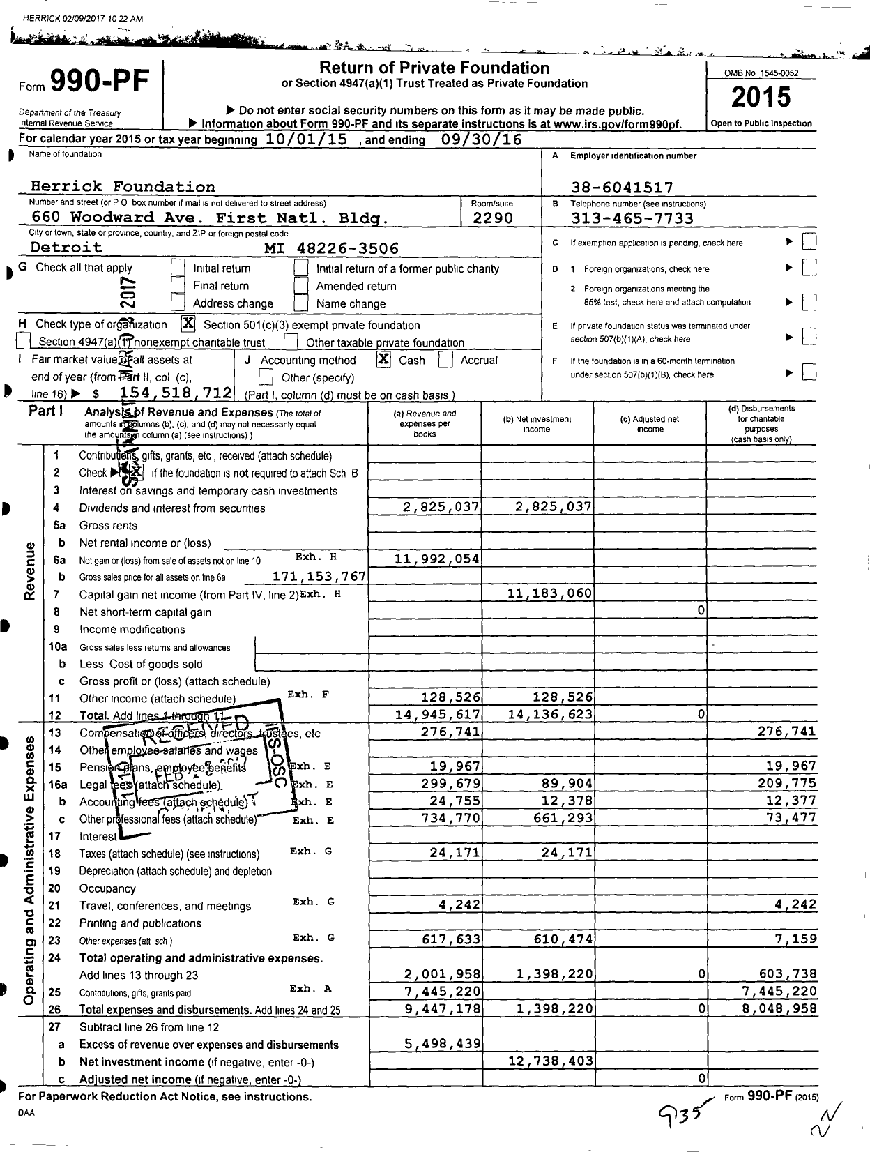 Image of first page of 2015 Form 990PF for Herrick Foundation