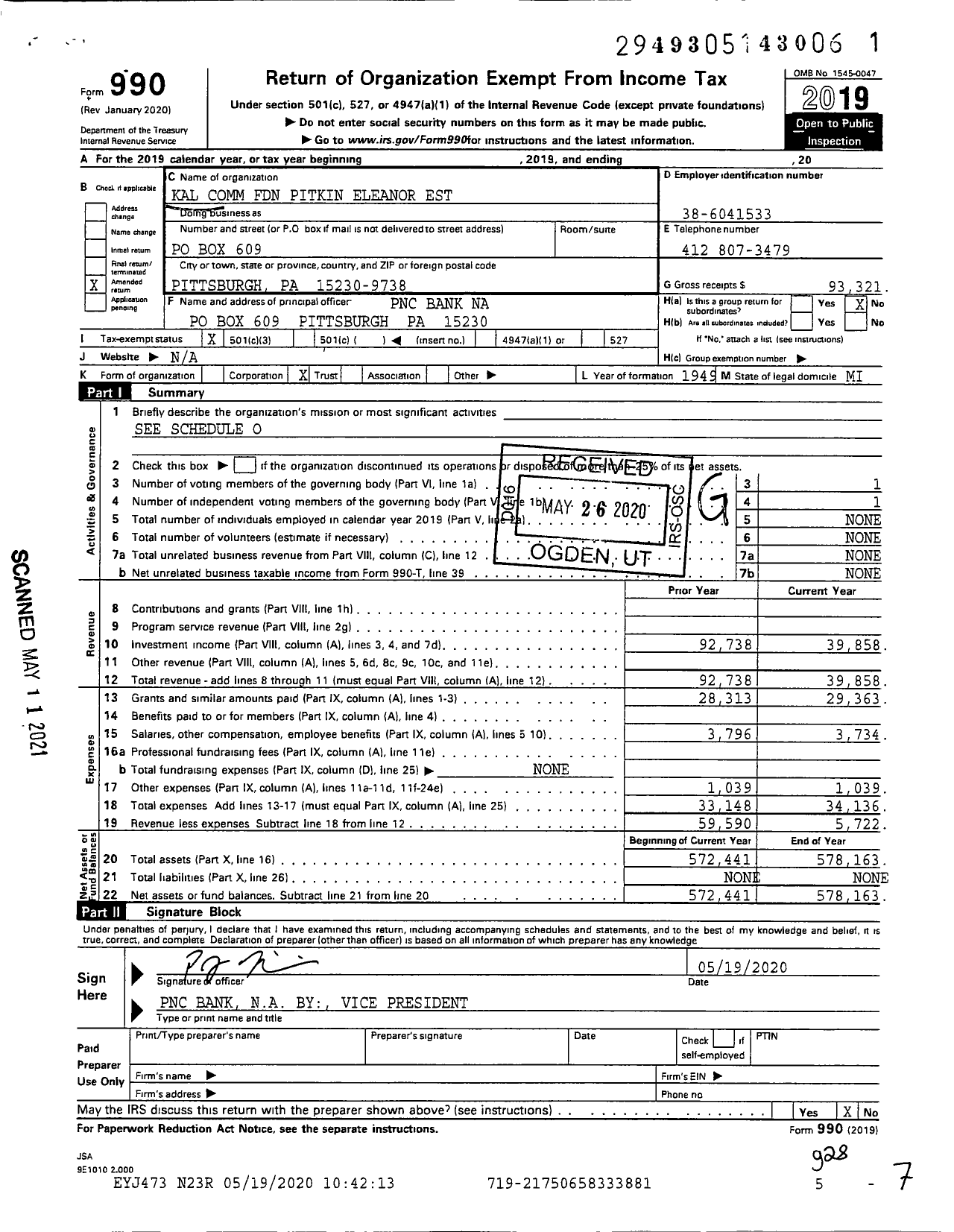 Image of first page of 2019 Form 990 for Kal Comm Foundation Pitkin Eleanor Est