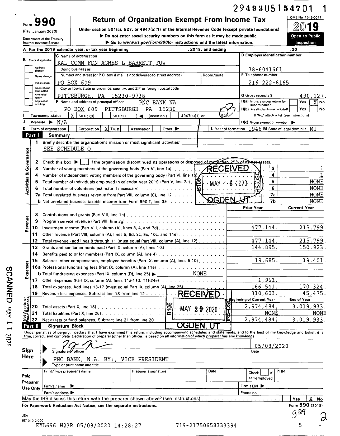 Image of first page of 2019 Form 990 for Kal Comm Foundation Agnes L Barrett Tuw