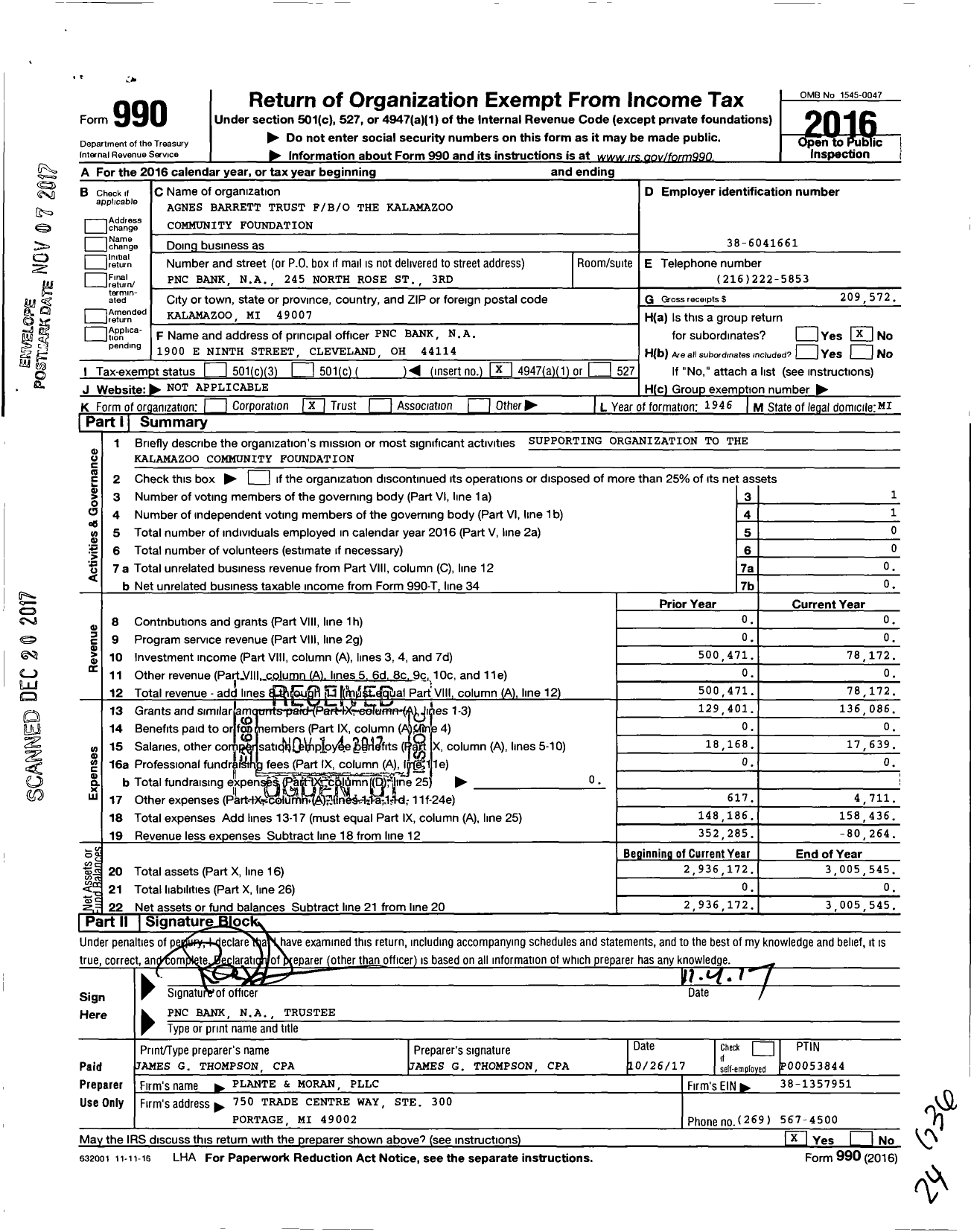 Image of first page of 2016 Form 990O for Kal Comm Foundation Agnes L Barrett Tuw