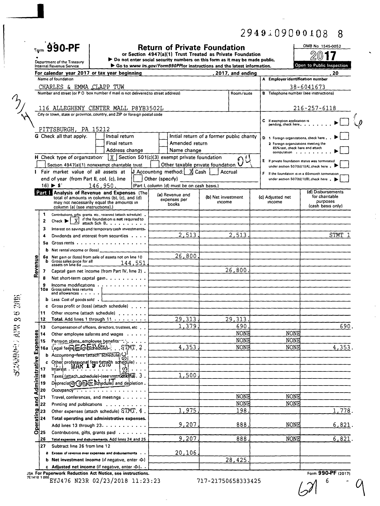 Image of first page of 2017 Form 990PF for Charles and Emma Clapp Tuw