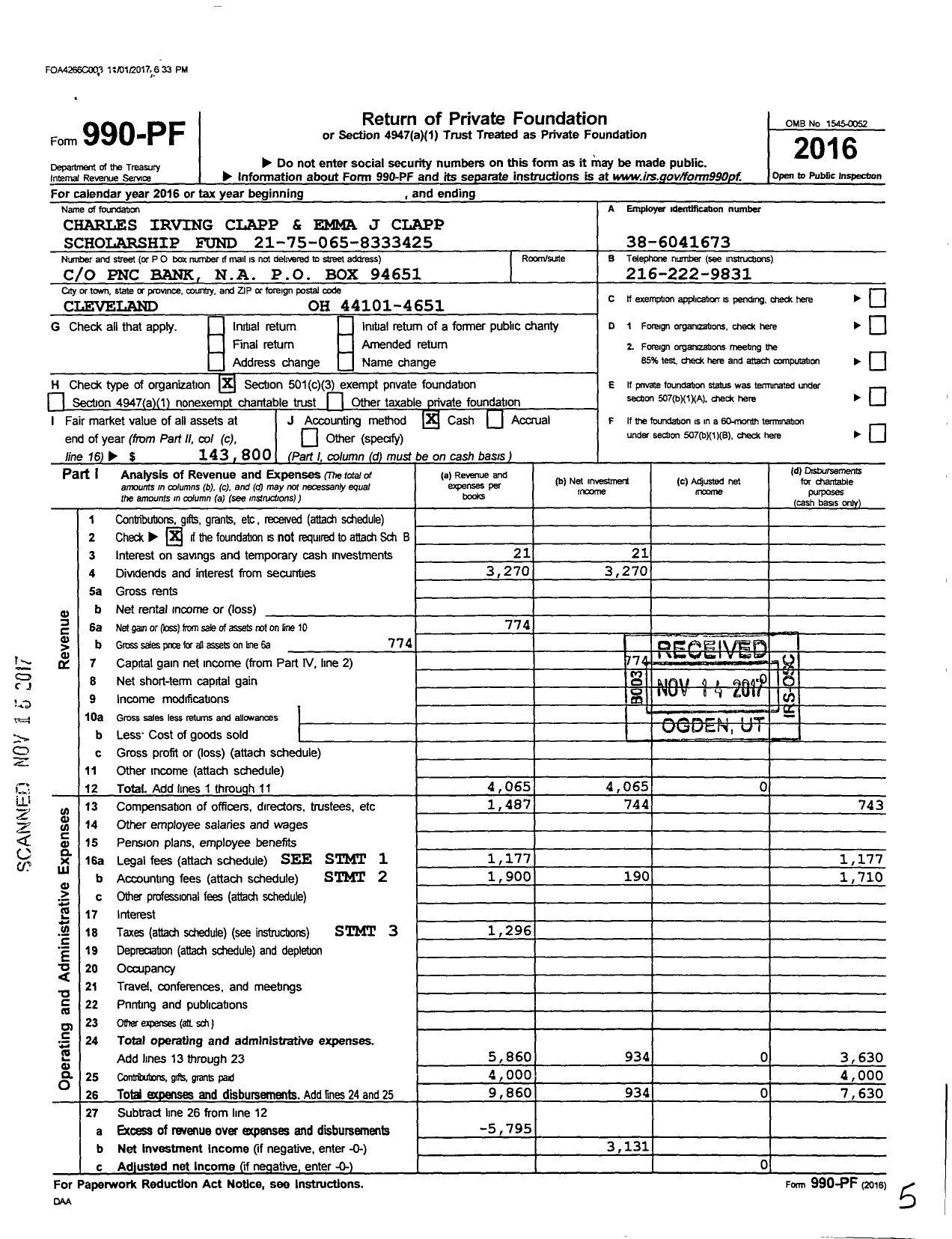 Image of first page of 2016 Form 990PF for Charles and Emma Clapp Tuw