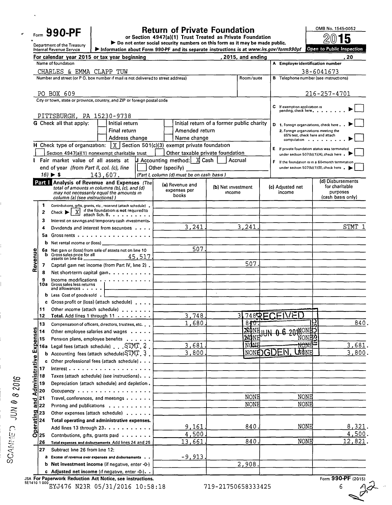 Image of first page of 2015 Form 990PF for Charles and Emma Clapp Tuw