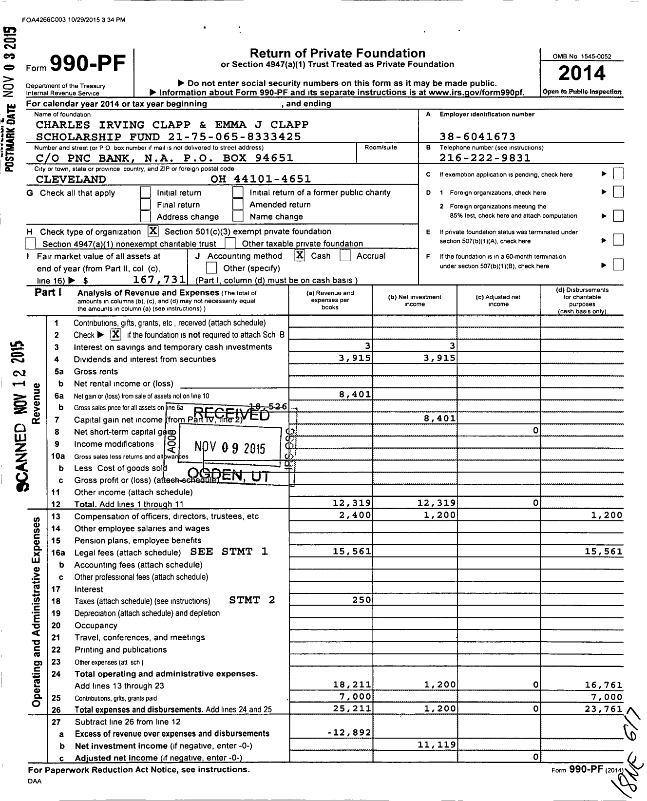 Image of first page of 2014 Form 990PF for Charles and Emma Clapp Tuw