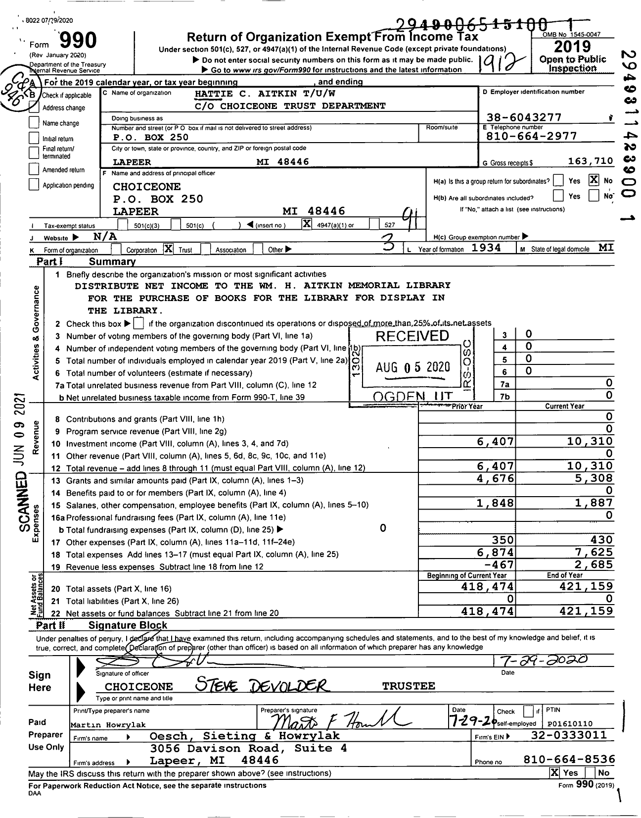 Image of first page of 2019 Form 990O for Hattie C Aitkin Tuw