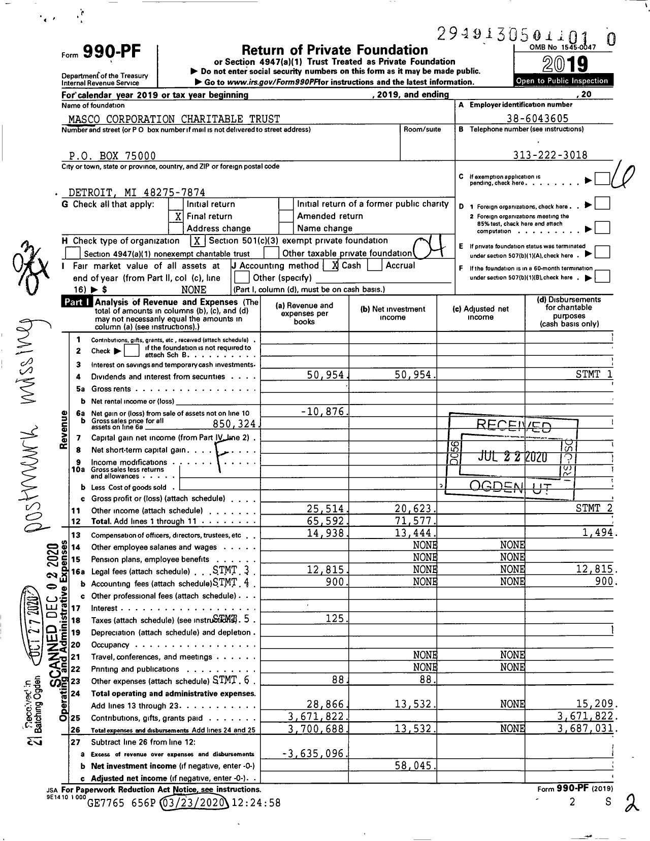 Image of first page of 2019 Form 990PF for Masco Corporation Charitable Trust