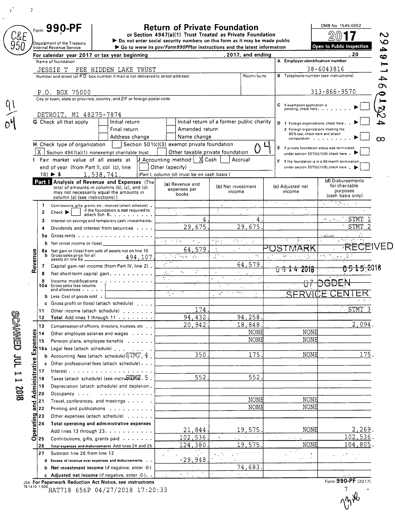 Image of first page of 2017 Form 990PF for Jessie T Fee Hidden Lake Trust