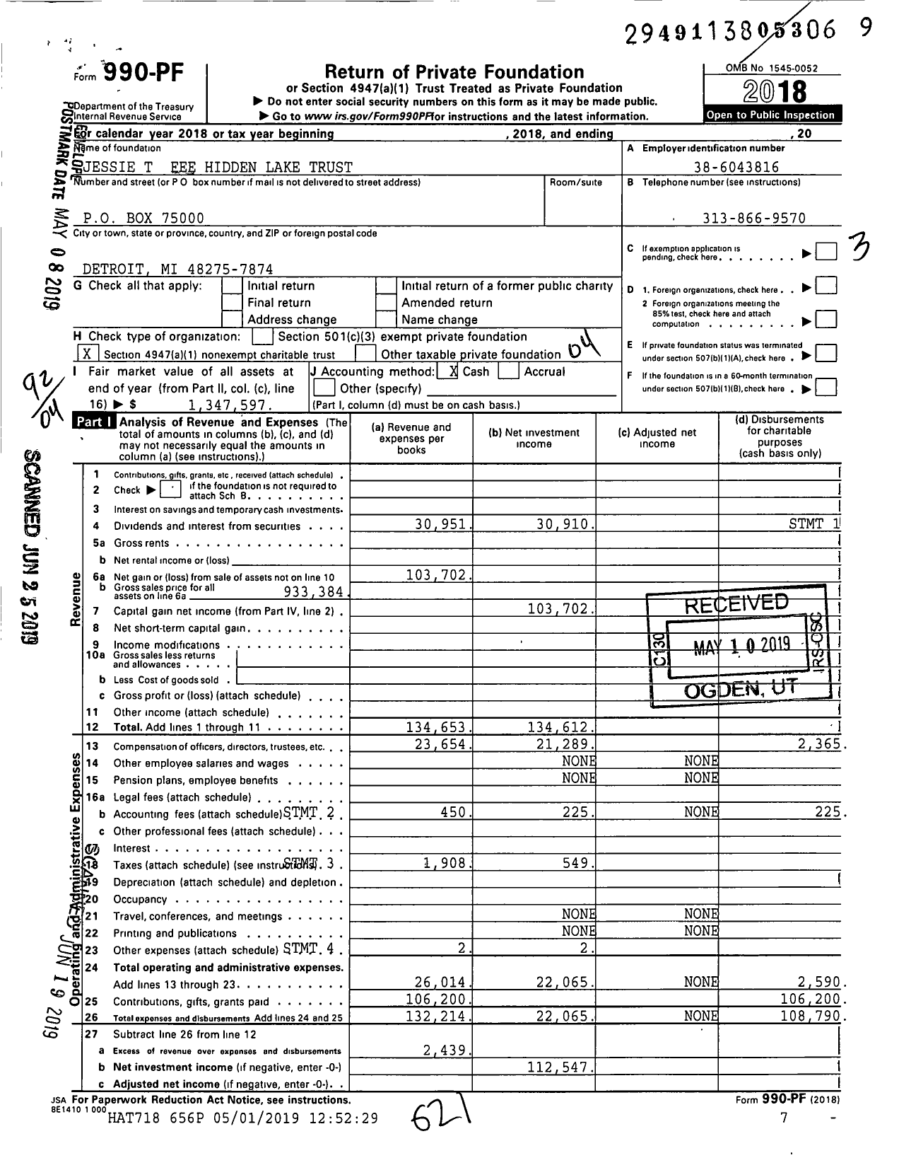 Image of first page of 2018 Form 990PF for Jessie T Fee Hidden Lake Trust