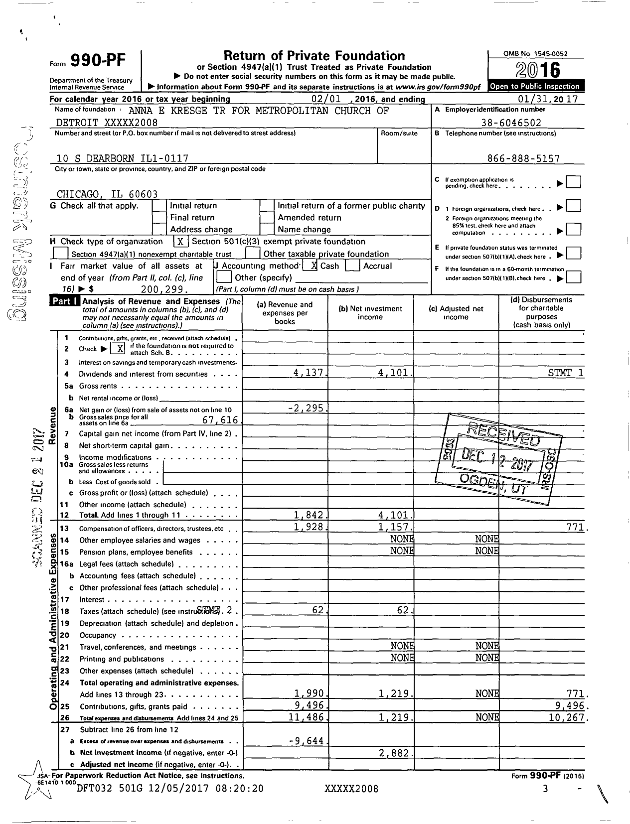 Image of first page of 2016 Form 990PF for Anna E Kresge TR for Metropolitan Church of