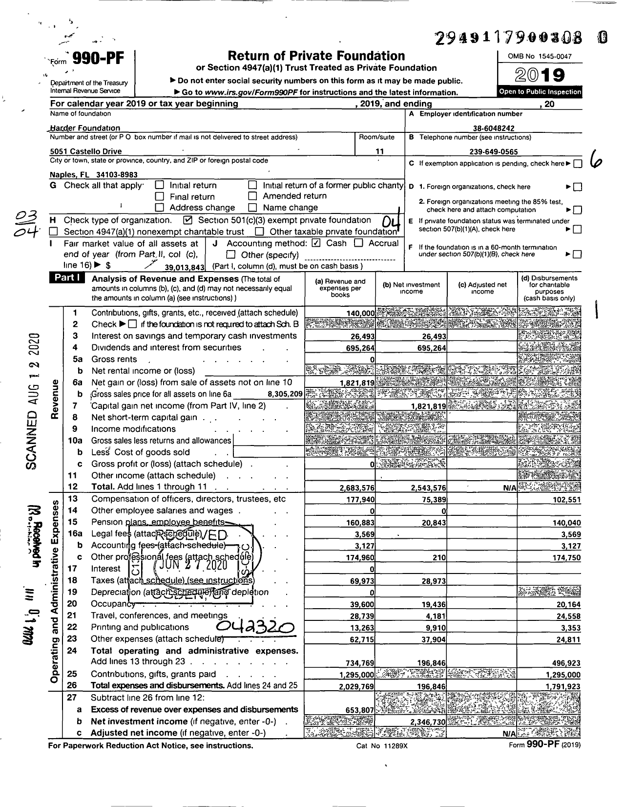 Image of first page of 2019 Form 990PR for Harder Foundation