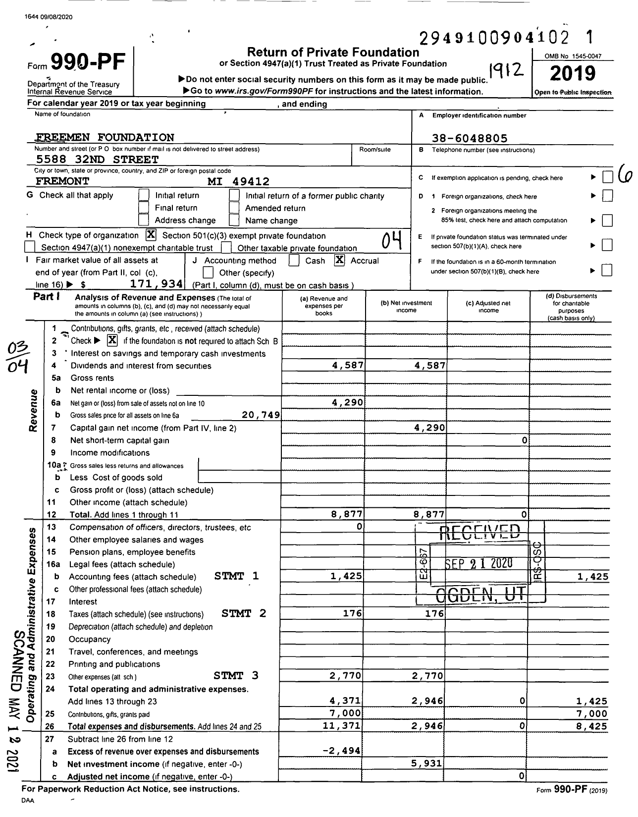 Image of first page of 2019 Form 990PF for Freemen Foundation