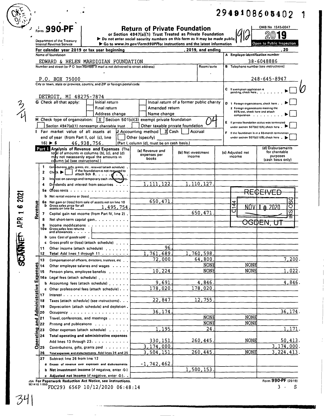 Image of first page of 2019 Form 990PF for Edward and Helen Mardigian Foundation