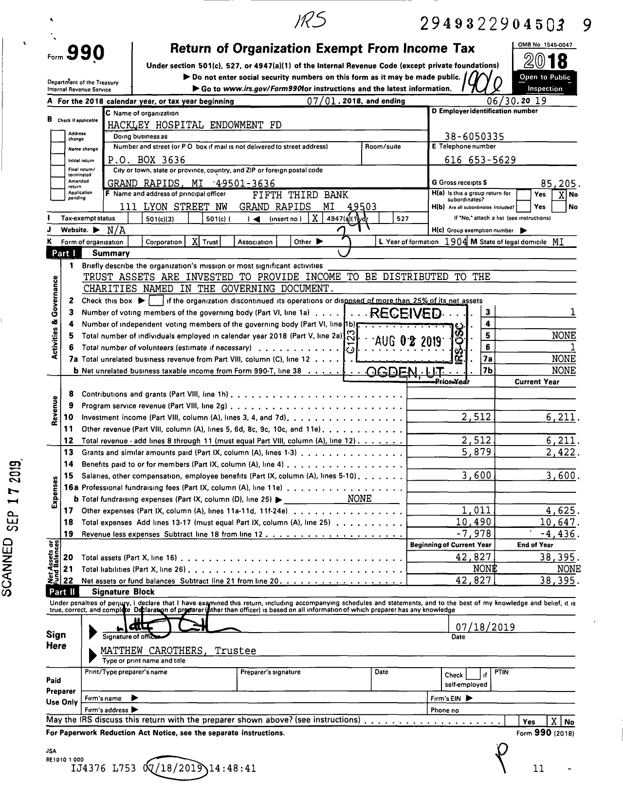 Image of first page of 2018 Form 990O for Hackley Hospital Endowment Fund