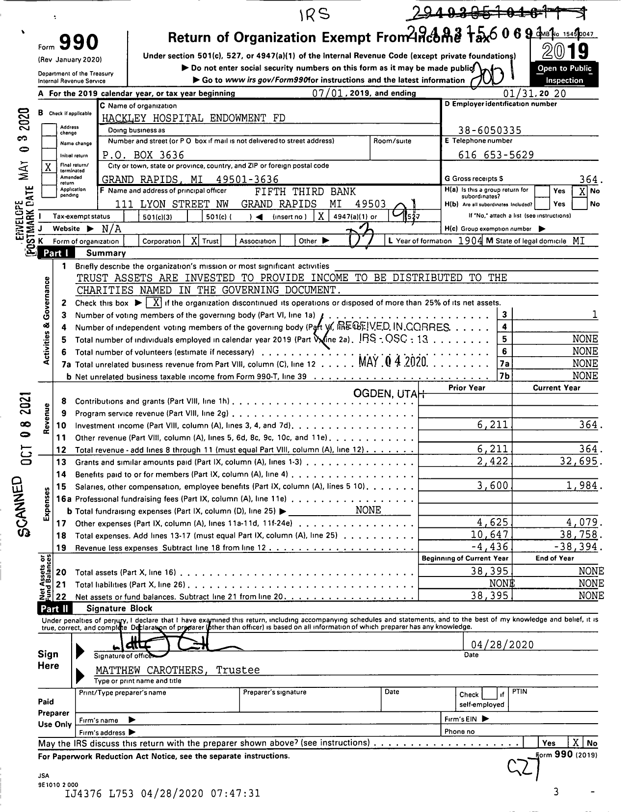 Image of first page of 2019 Form 990O for Hackley Hospital Endowment Fund