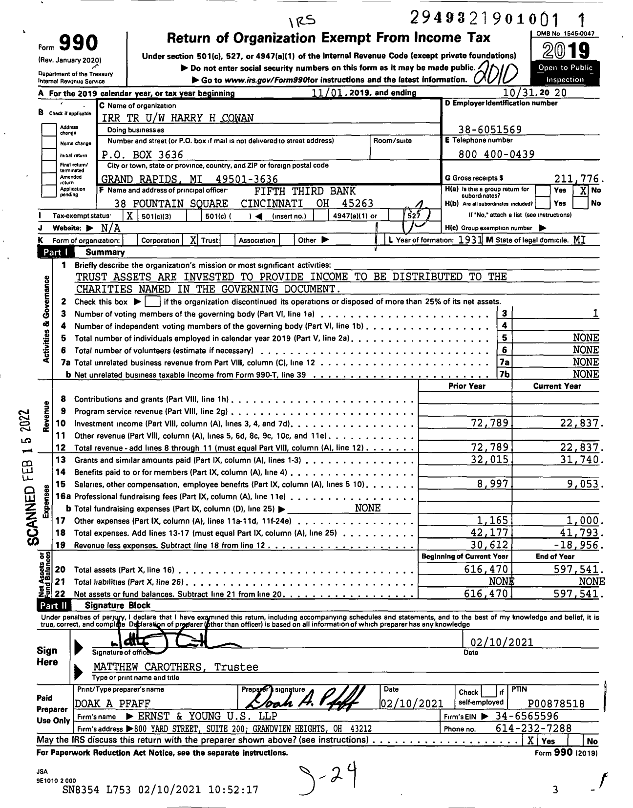 Image of first page of 2019 Form 990 for Irr TR Uw Harry H Cowan