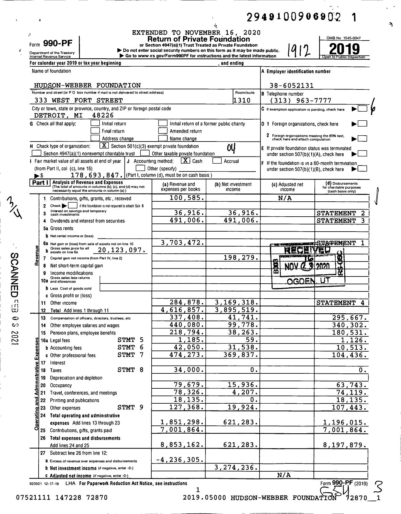 Image of first page of 2019 Form 990PF for Hudson-Webber Foundation