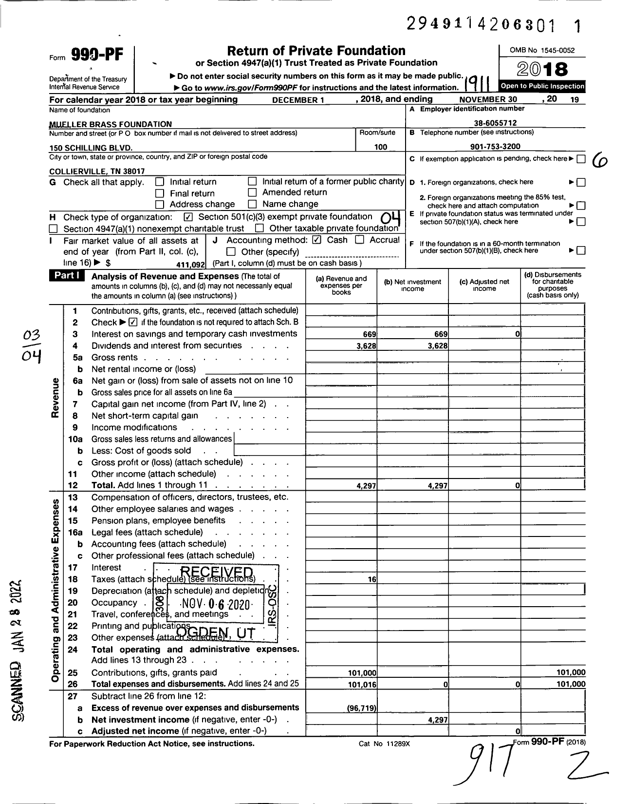 Image of first page of 2018 Form 990PF for Mueller Brass Foundation