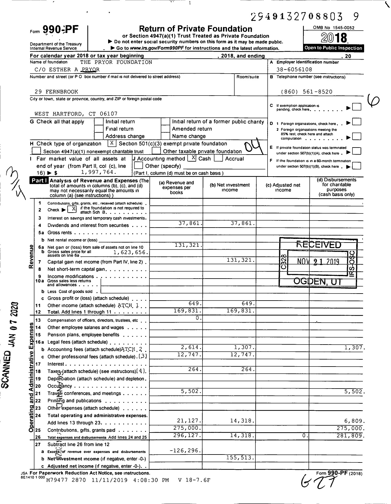 Image of first page of 2018 Form 990PF for The Pryor Foundation