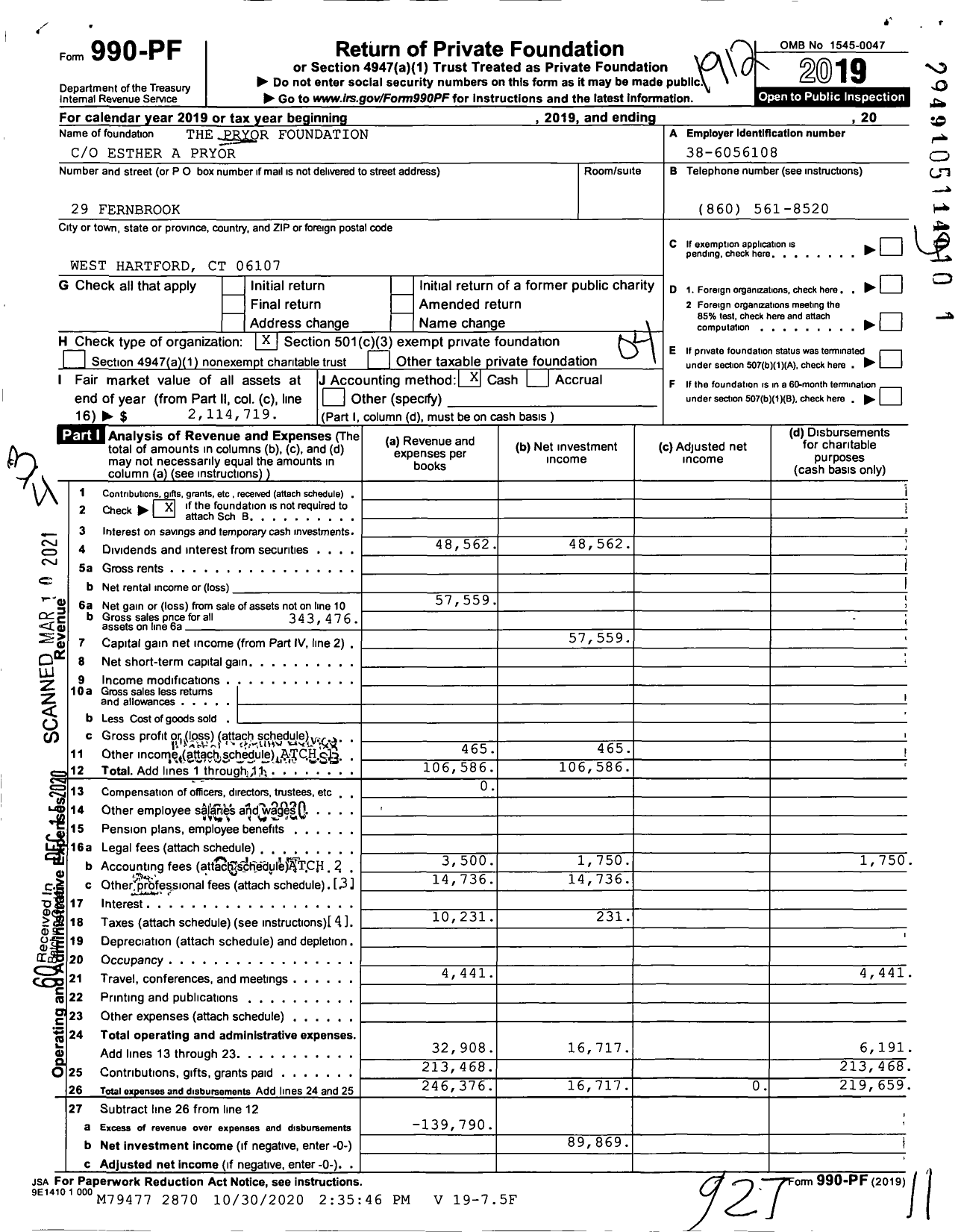 Image of first page of 2019 Form 990PF for The Pryor Foundation