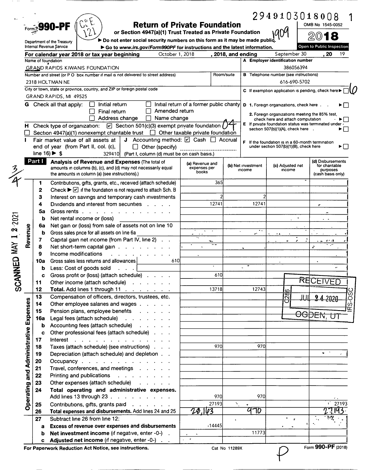 Image of first page of 2018 Form 990PF for Grand Rapids Kiwanis Foundation