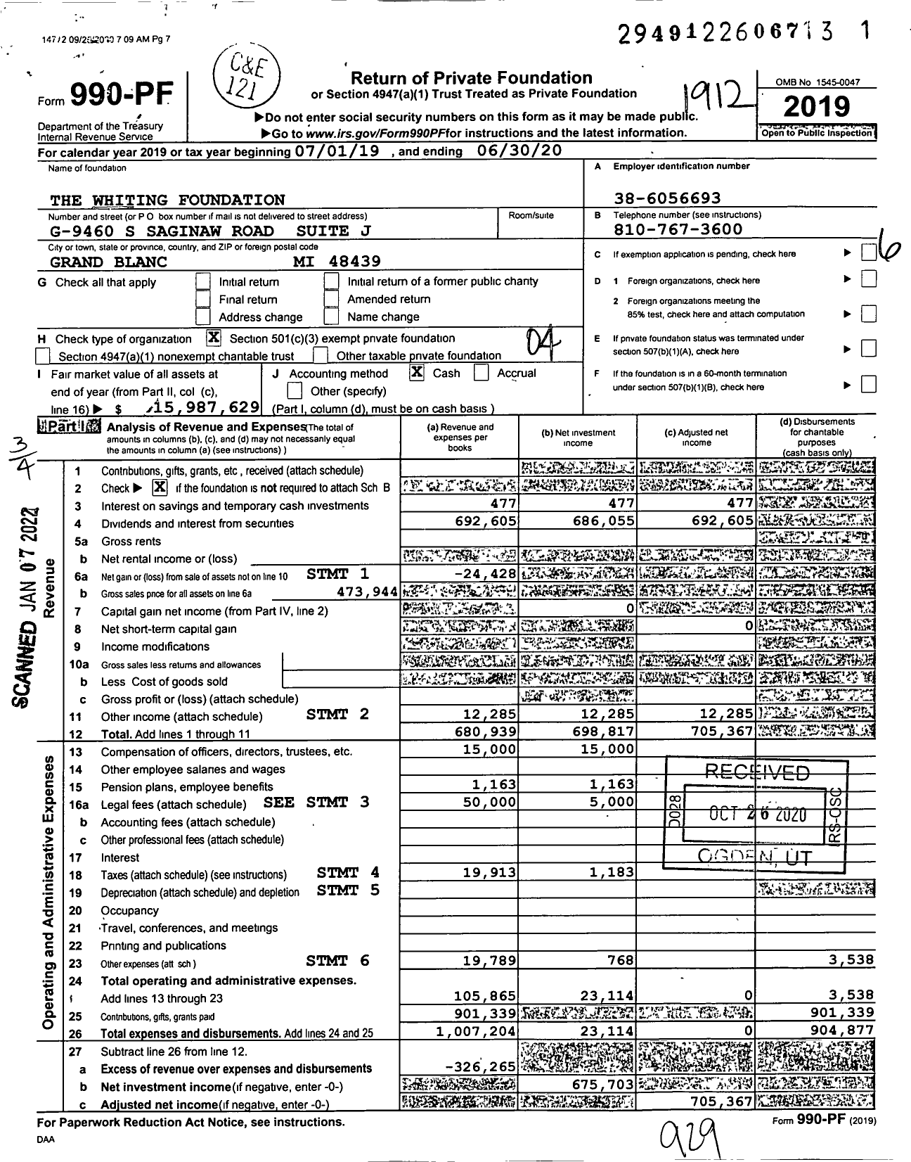 Image of first page of 2019 Form 990PF for The Whiting Foundation
