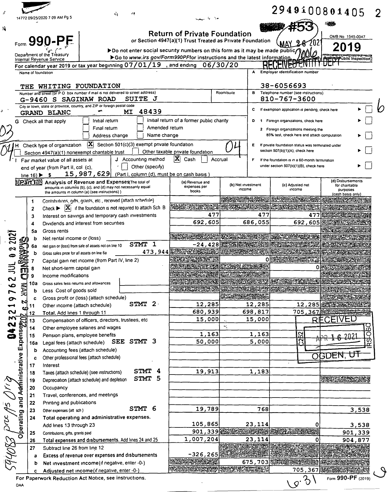 Image of first page of 2019 Form 990PF for The Whiting Foundation