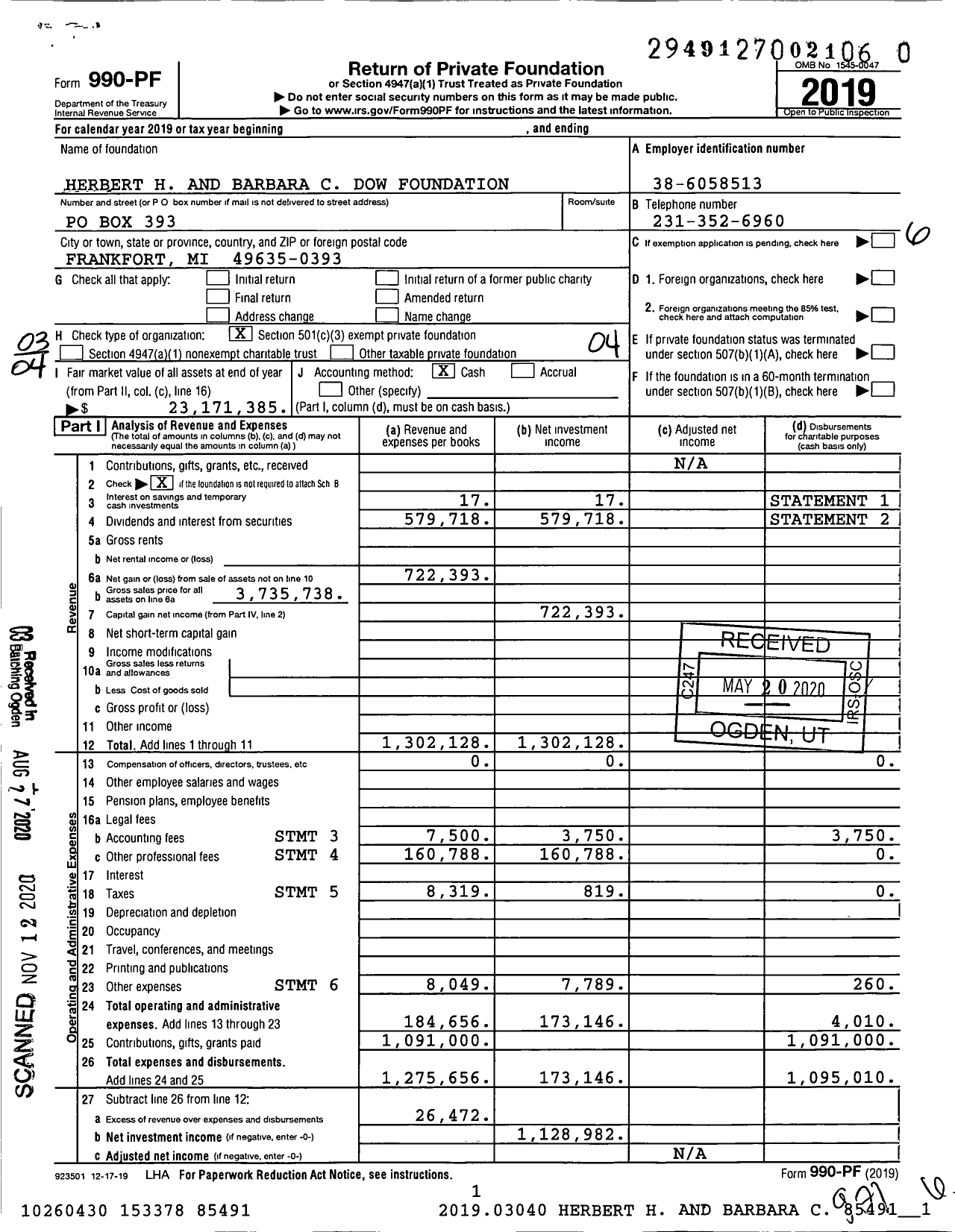 Image of first page of 2019 Form 990PF for Herbert H and Barbara C Dow Foundation