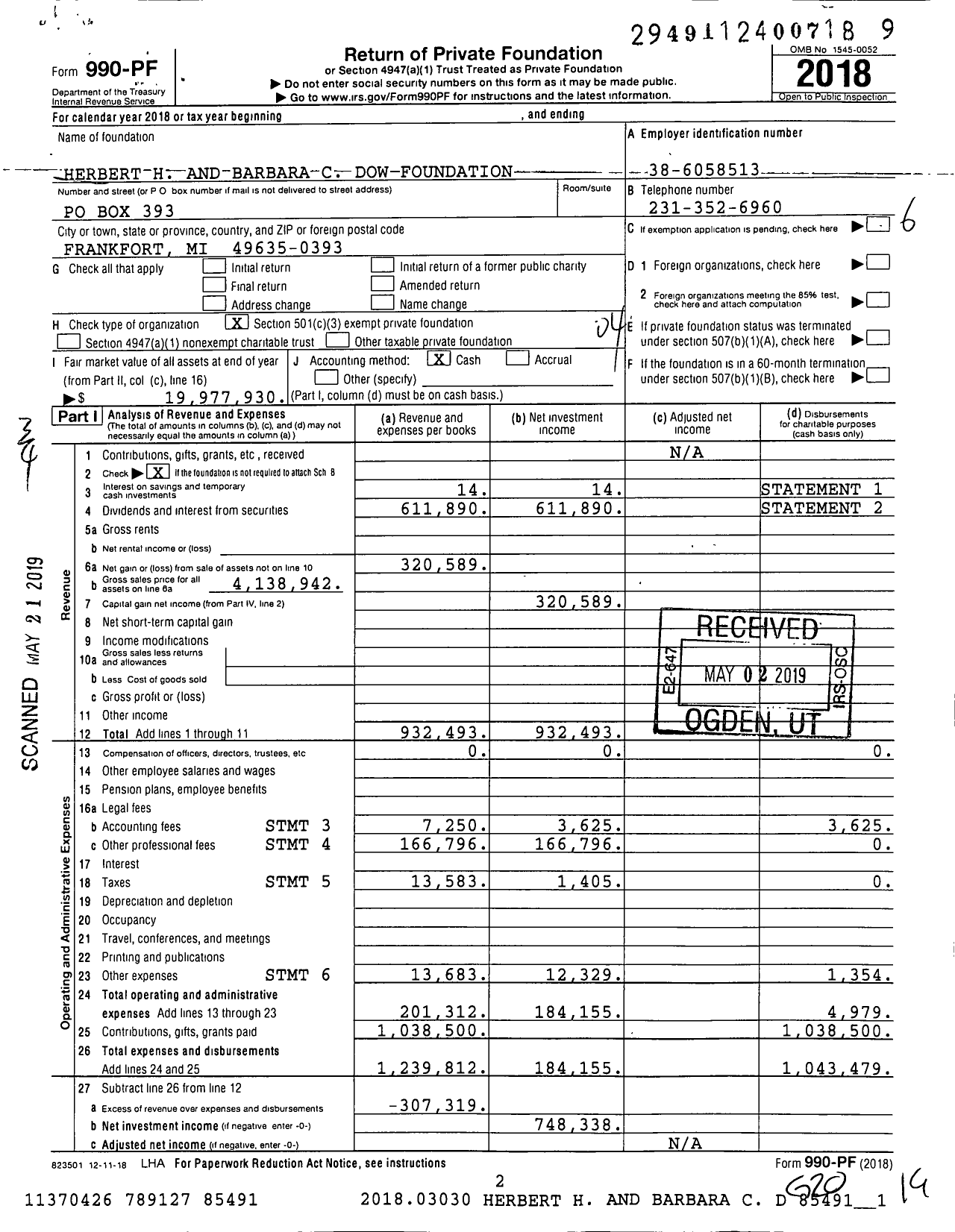 Image of first page of 2018 Form 990PF for Herbert H and Barbara C Dow Foundation