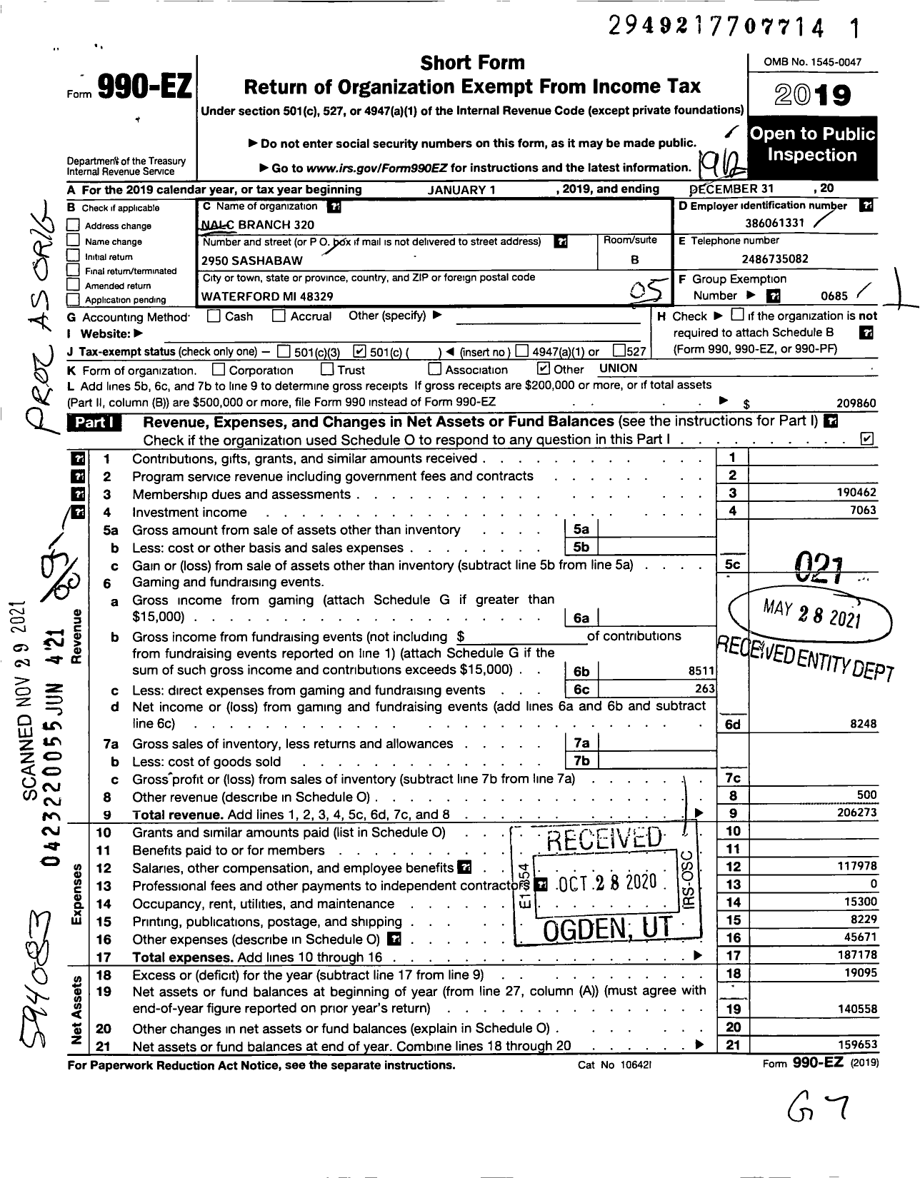 Image of first page of 2019 Form 990EO for National Association of Letter Carriers - 320 North Oakland County Mich