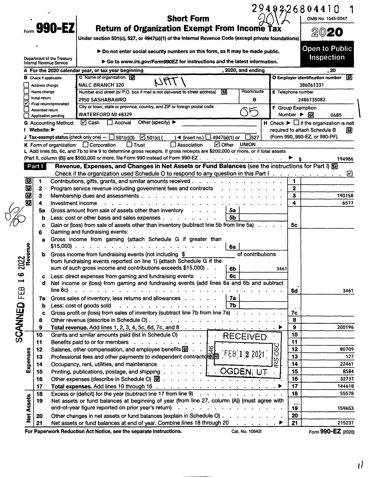 Image of first page of 2020 Form 990EO for National Association of Letter Carriers - 320 North Oakland County Mich