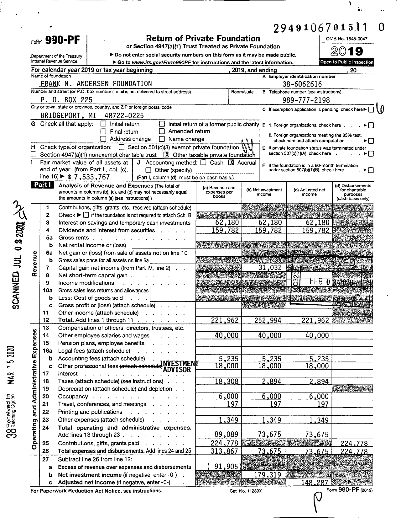 Image of first page of 2019 Form 990PR for Frank N Andersen Foundation